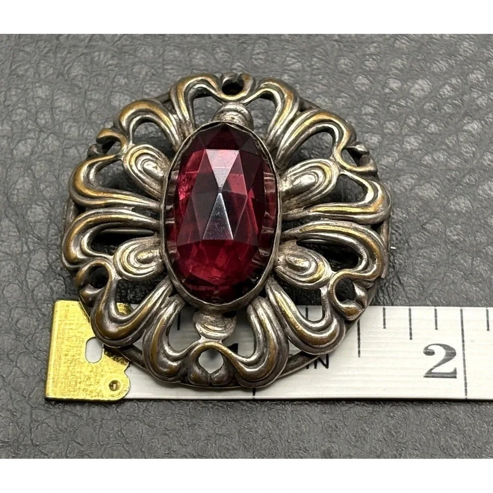 Antique Victorian Era Filigree Brooch Red Faux Garnet Faceted Stone C Clasp